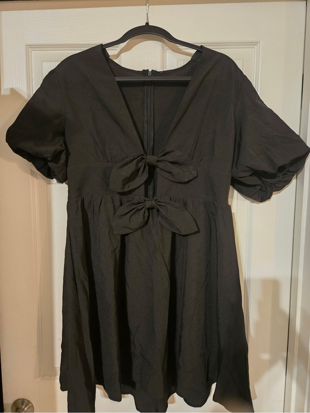 SHEIN Black Tie-Front Puff Sleeve Mini Dress